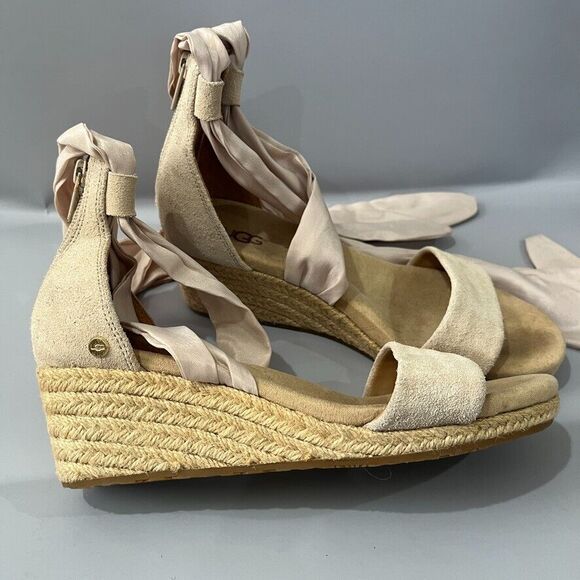 UGG Trina Jute Suede Wedge Tan Espadrille Ankle Ribbon Tie Sandals Size 6.5 - Picture 1 of 13